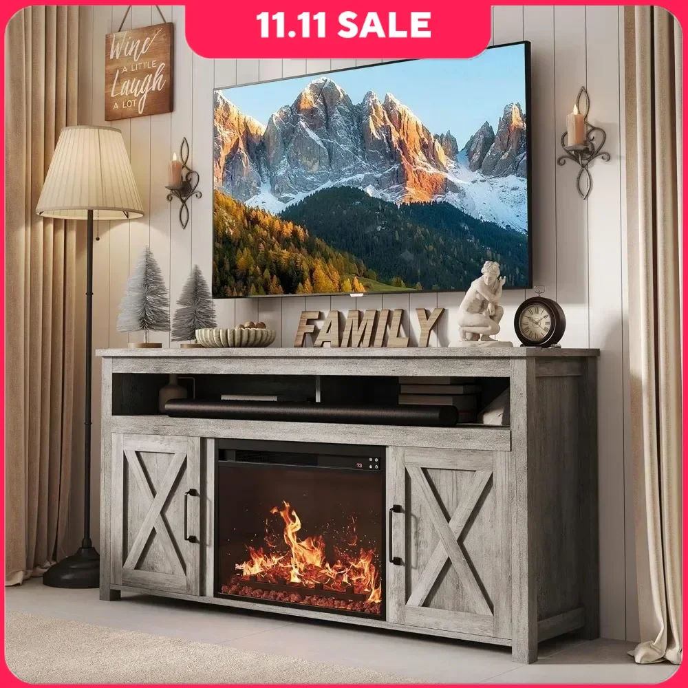 

Fireplace, Wood Fireplace TV Stand for TVs Up To 65 Inches, Shelves and Cabinets, Fireplace