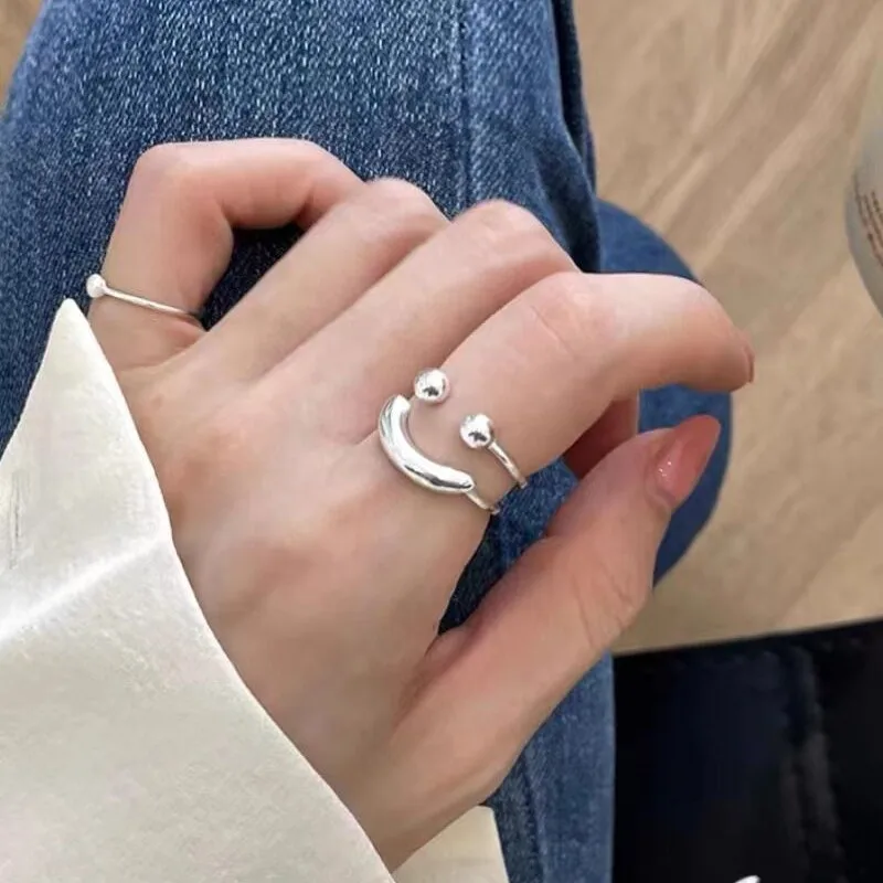 

925 Sterling Silver Ball Smiling Face Finger Rings For Women Luxury Jewelry Anillos Birthday Gift