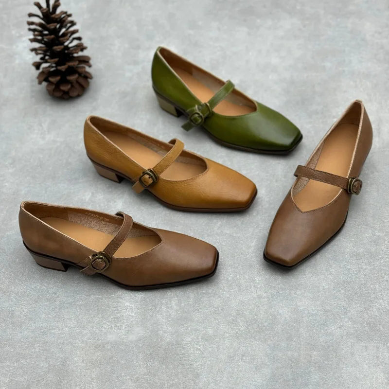 

Genuine Leather Thick Heel Retro Women's Pumps 2026 Spring New Retro Square Toe Mary Jane Heel Shoes