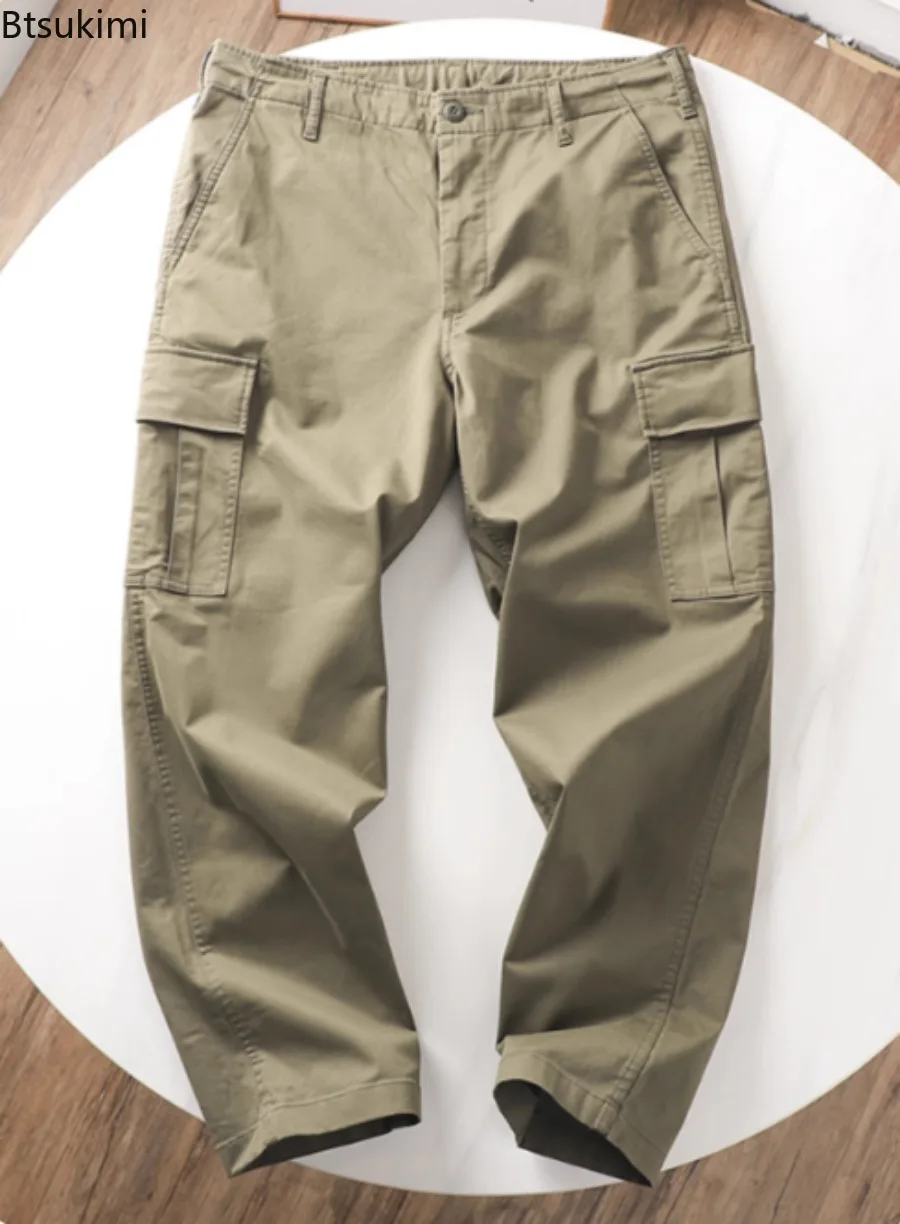

Casual Washed Cotton Elasticity Loose Cargo Pants Multi Pockets Straight Men Pants Solid Leisure Spring Trousers for Daily Wear