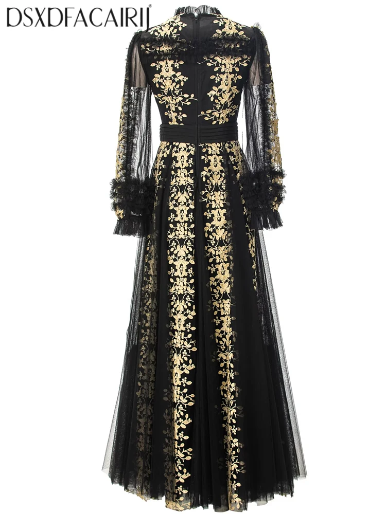 DSXDFACAIRIJ فستان ماكسي شبكي مطرز بالزهور للنساء بياقة واقفة وأكمام واسعة وكشكشة فساتين عتيقة موضة الخريف للسيدات