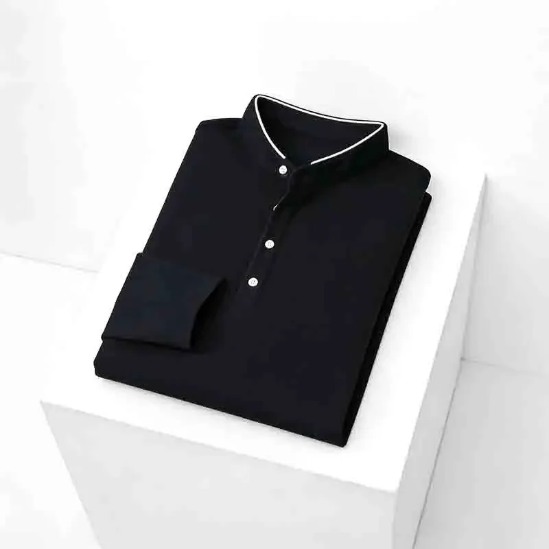 2026 New Men's Breathable Navy Blue Mandarin Collar Long Sleeve Polo Shirt Half Placket Casual Top