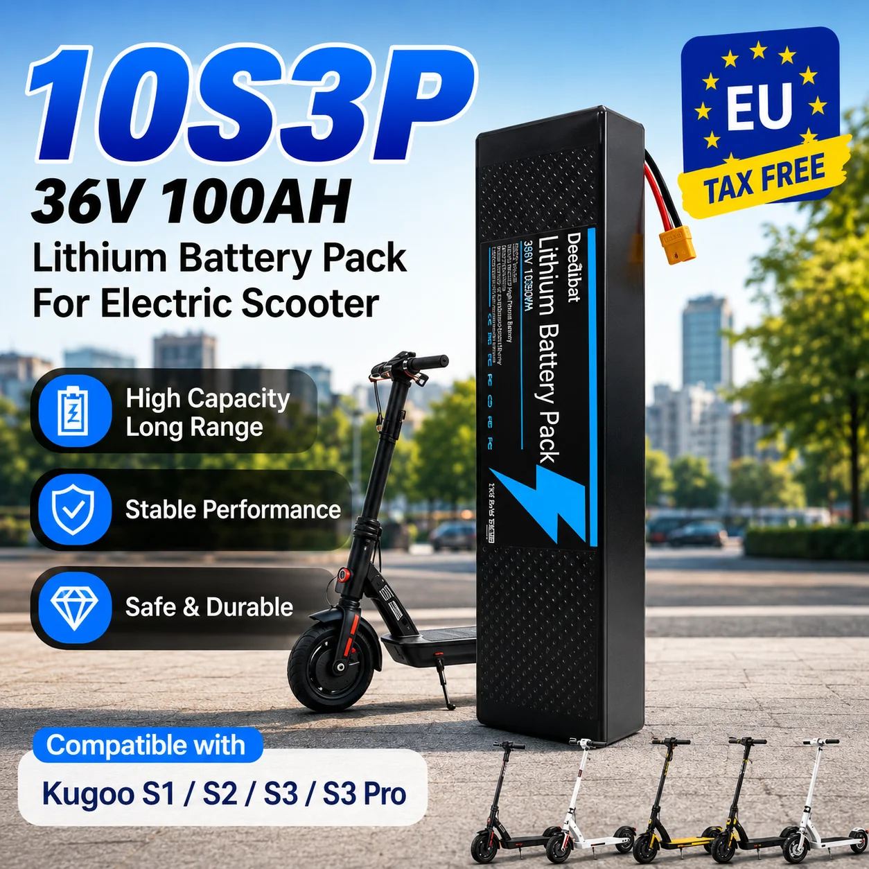 36V 100Ah Wiederaufladbarer Lithium-Akku 18650 10S3P 1000W Leistung Modifizierter 36V Elektroroller-Akku mit BMS, XT60 JST