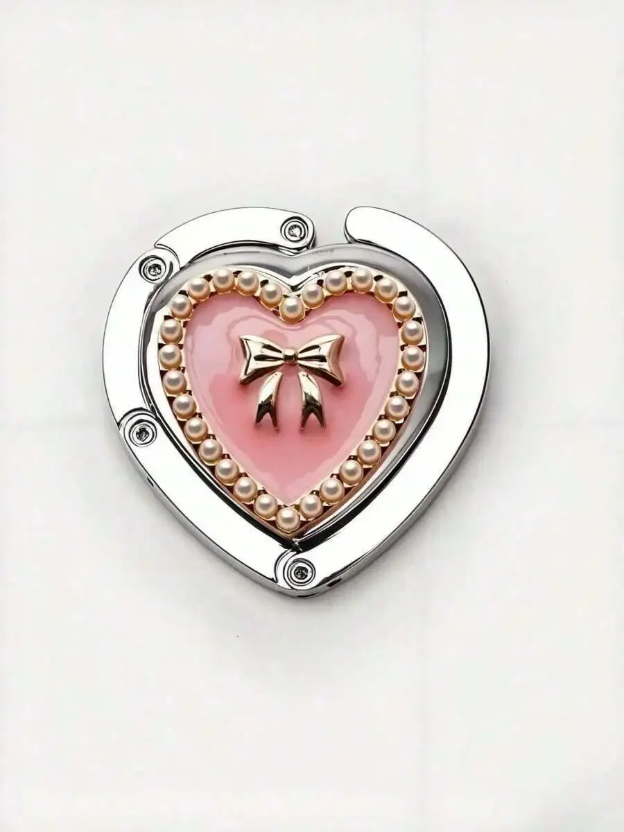 

Heart Rhinestone Pearl Metal Folding Desk Hooks Hanging Purse Organizer For Women