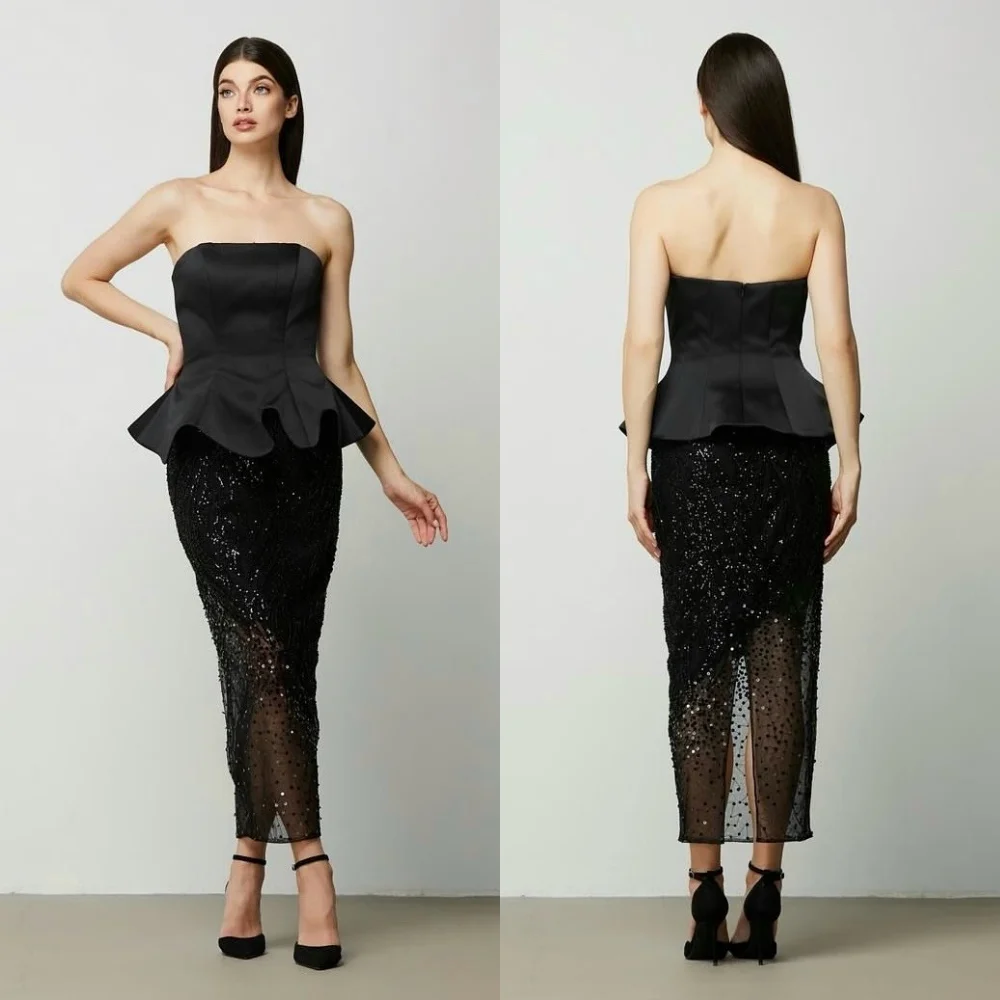 

Customized Charmeuse Sequined Ruched Strapless Straight Midi Dresses Bespoke Occasion Party Gown Charming Evening Sparkle