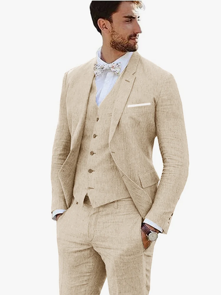 Costumes de mariage à simple boutonnage en lin pour hommes, tenue de marié élégante, tout ce qui est personnalisé, meilleure tenue brodée, 3 pièces