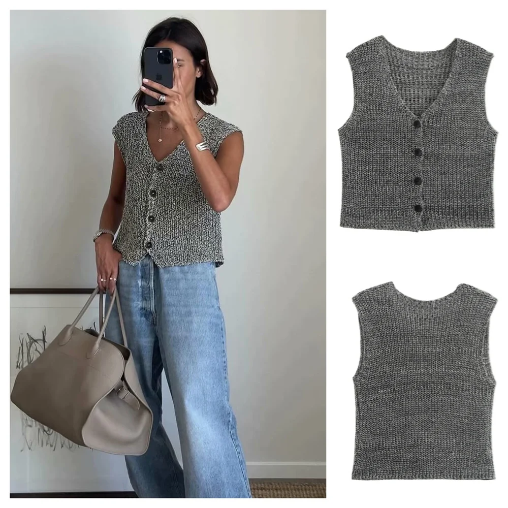 PB&ZA2024 autumn new women\'s clothing fashion temperament slim fit casual versatile V-neck vest short knitted sweater