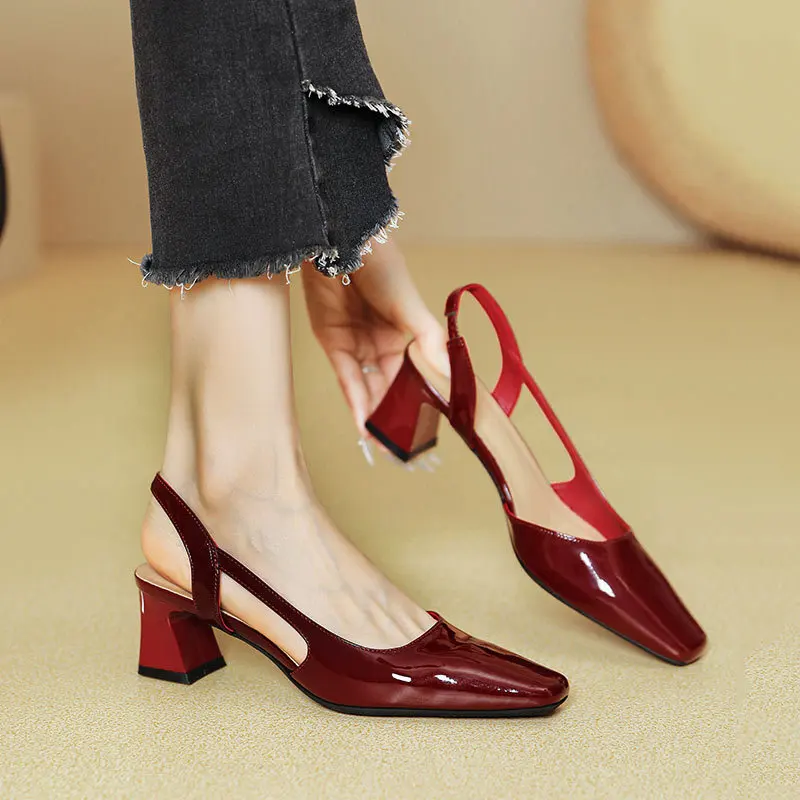 Lady Square Toe Summer Dress Shoe Patent Leather Chunky Heel Sandals Buckle Female Crystal Women Sandals Lady Sandals S017