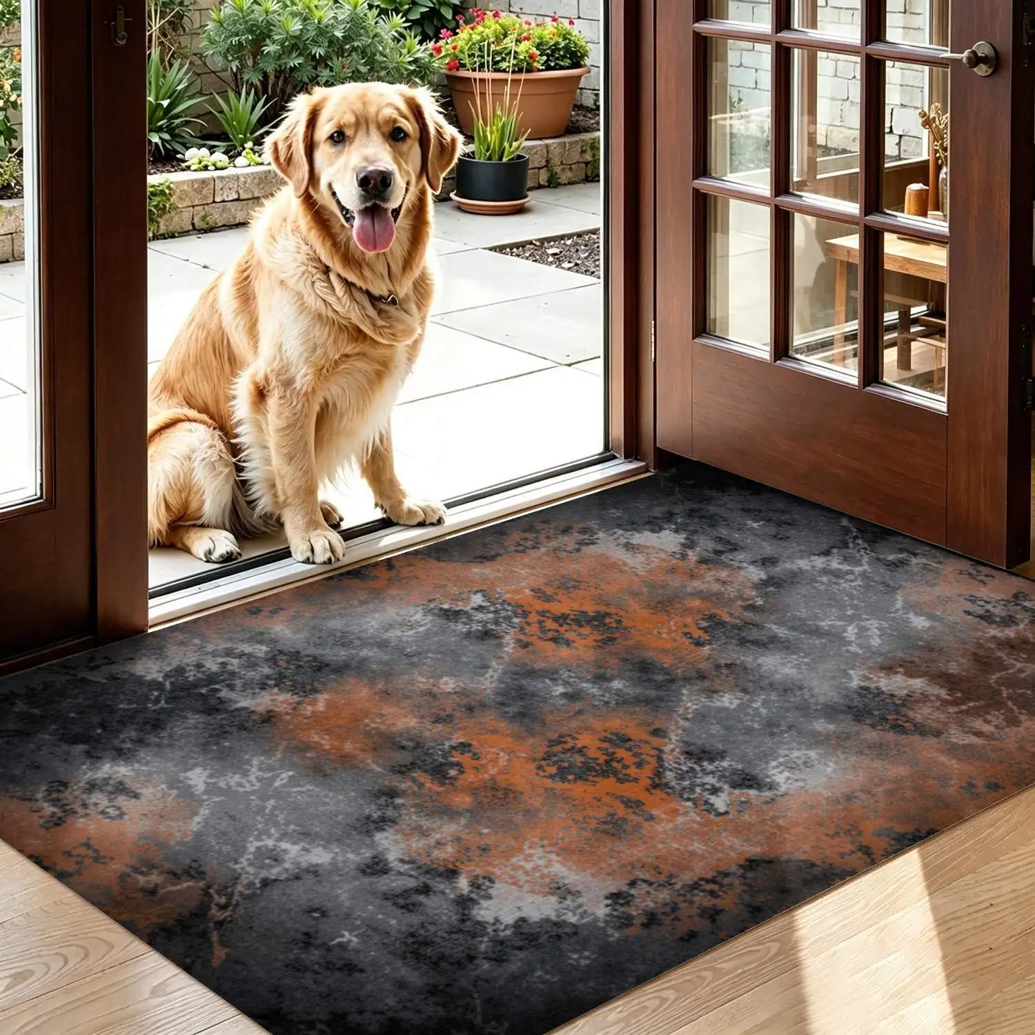 1Pc 2D Printed Carpet: Orange-Grey Abstract Art, Nordic/Instagram-Inspired, Modern Minimalist Vintage Floor Mat, Home Decor, Multi-Sizes, Machine-Washable For Entrance, Dining, Foyer, Living Room, Bedroom.