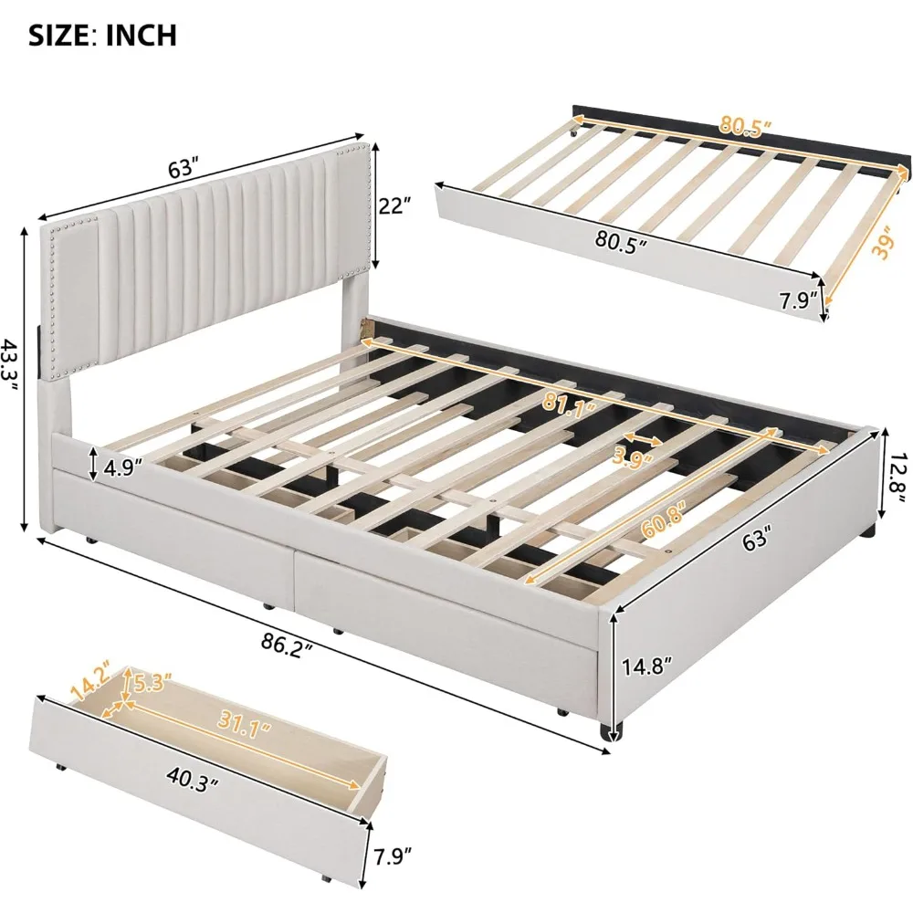 Lit en lin Queen Size avec 2 portes de rangement, cadre de lit en bois, planche de sauna classique, design et support à lattes, enfants et adolescents