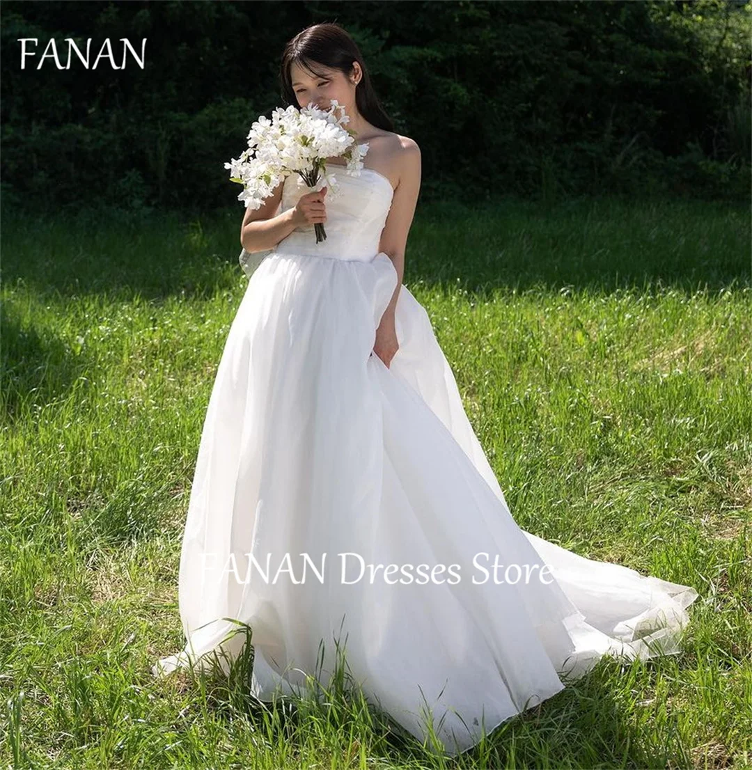 

FANAN Korea Ivory Strapless Simple Wedding Dresses 웨딩드레스 A-Line Princess Sleeveless Tulle Open Back Made Bride Gowns Plus Size