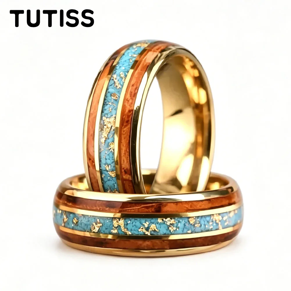 tutiss-8-mm炭化タングステンリングウィスキー樽木、ターコイズと金箔婚約指輪、カップルリング、ファッションパーティーギフト