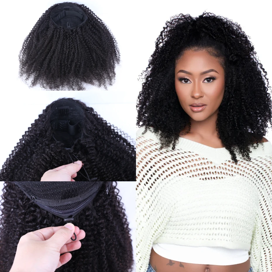 Kinky Curly Half Wig 250 Density Double Drawn Invisible Drawstring Machine Made Wigs Human Hair Ponytail Invisible Hairline Half Wig Natural Colored Ready To Wear Vietnamese Human Hair Wig 18 20 22 24 26 Inch Free Shipping