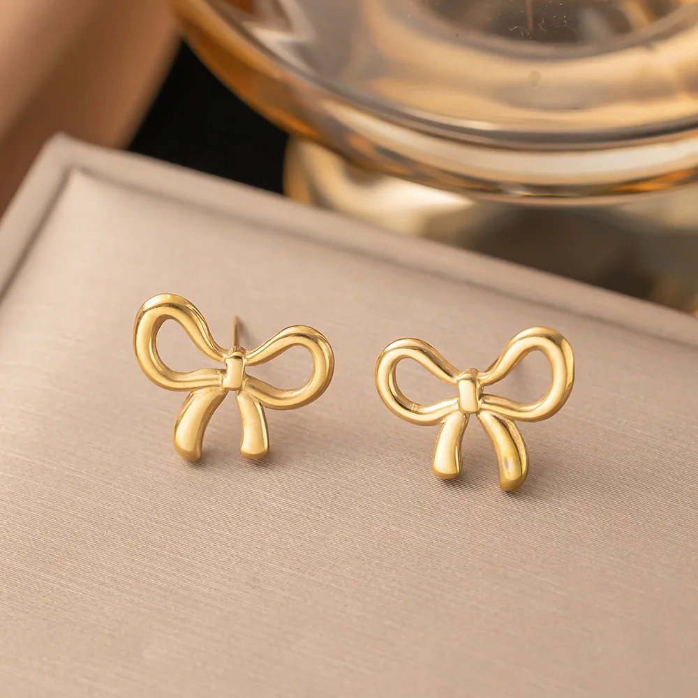 

Classic Stainless Steel Bow Charm Necklace Bracelets Earrings For Women Girl New Trendy Choker Jewelry Set Party Gift