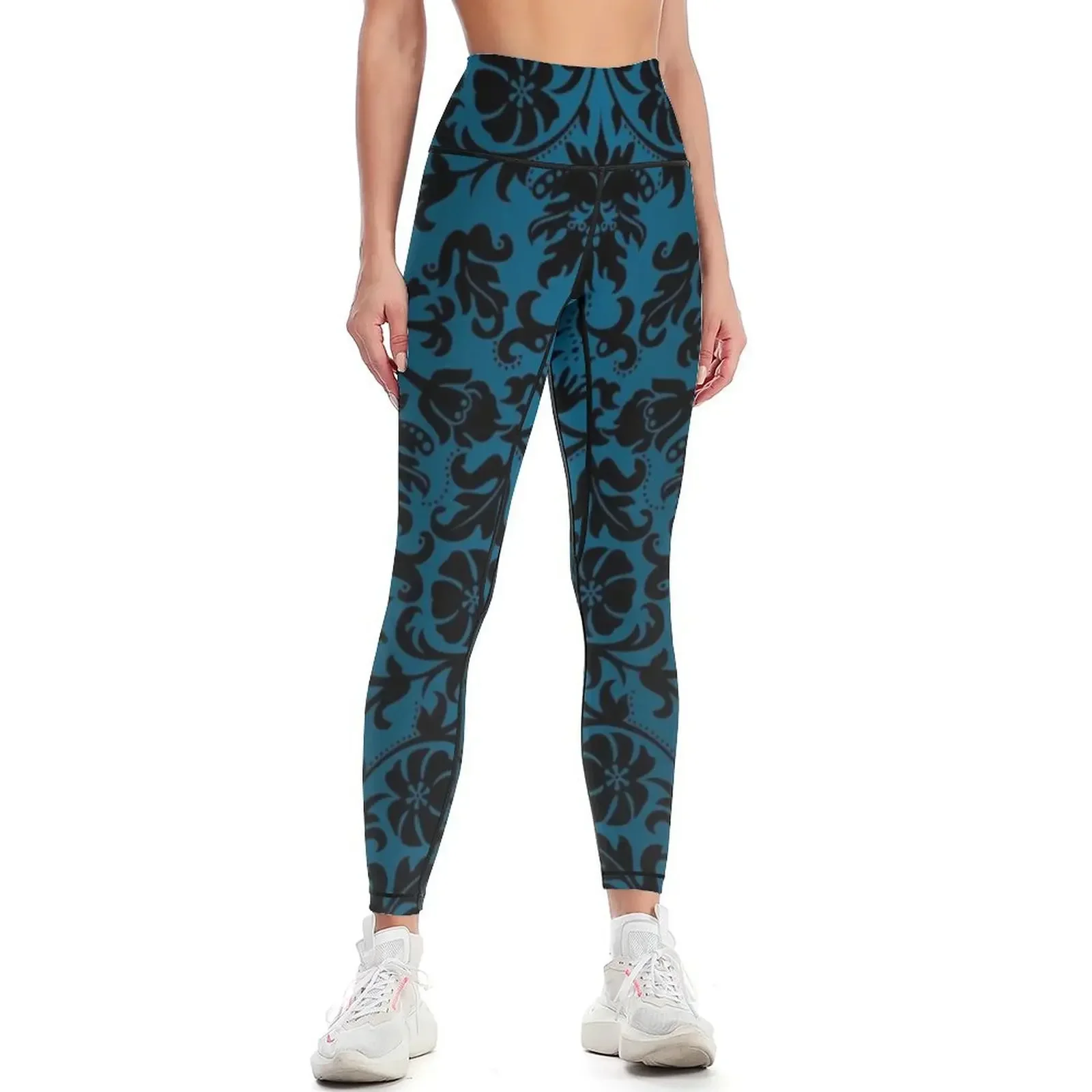 

Teal and Black Floral Damask Leggings Training pants gym's clothing Women's pants Women's tights Womens Leggings