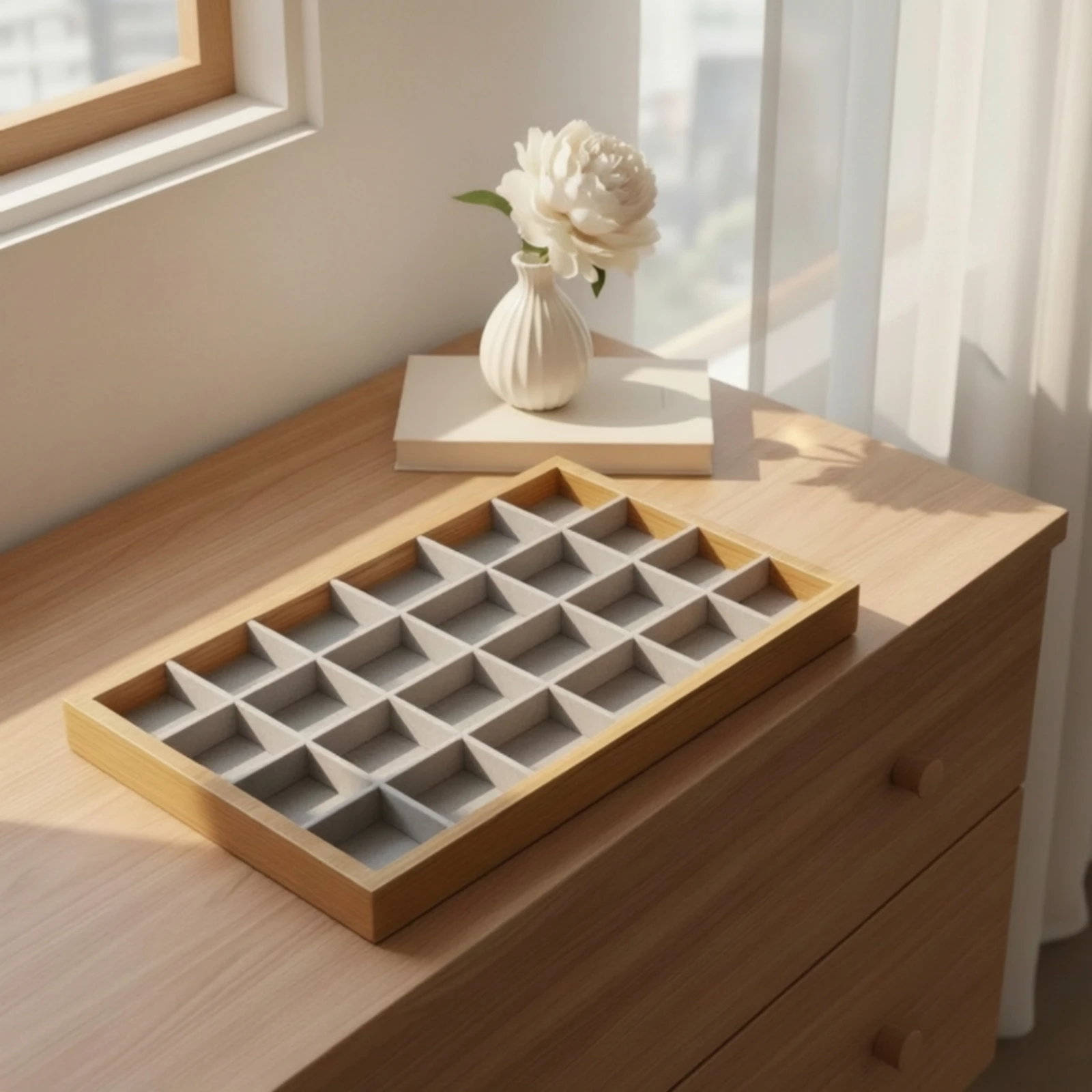 Jewelry Tray with Wood Frame Rectangular Jewelry Organizer Tray Compact Elegant for Dresser, Vanity