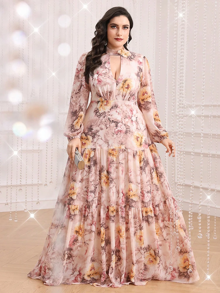 

TOLEEN Cross-border international trade large-size women's floral-print button-down collar long-sleeved dress