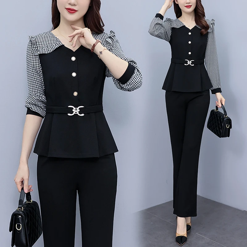 Houndstooth Patchwork Women Pants Sets For Spring Autumn 2023 New Fashion Oversize Ruffles Top 2Pcs Female Outfits Black