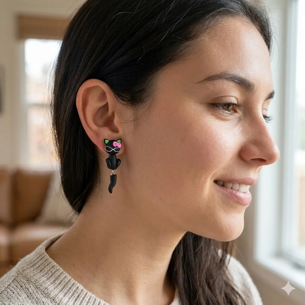 Pendientes de gato negro hechos a mano de arcilla polimérica para mujer, bonitos pendientes 3D de animales con lazo rosa, joyería para perforaciones delanteras y traseras.