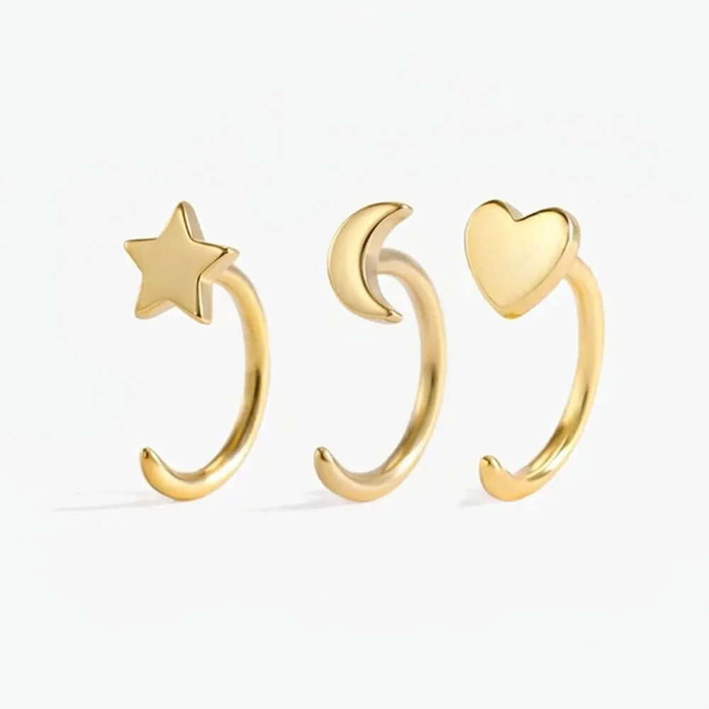 3Pcs Half-Circle Earless Hook Earring Nose Ring with Star Moon Sun Style, Backless Hoop Unisex Ear Nose Lip Piercing Jewelry