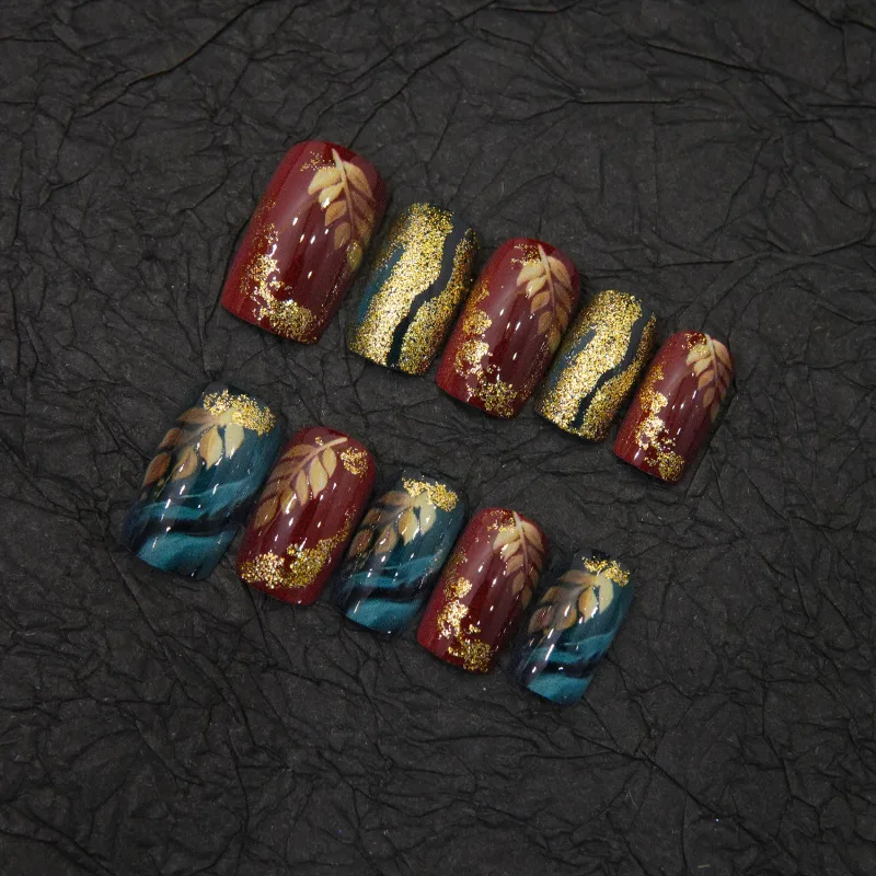 Vintage Wine Red Dark Green Hand‑painted Maple Leaf Press On Nails,Gold Foil Smudge Chinese Style Short Square False Nails,Reusa