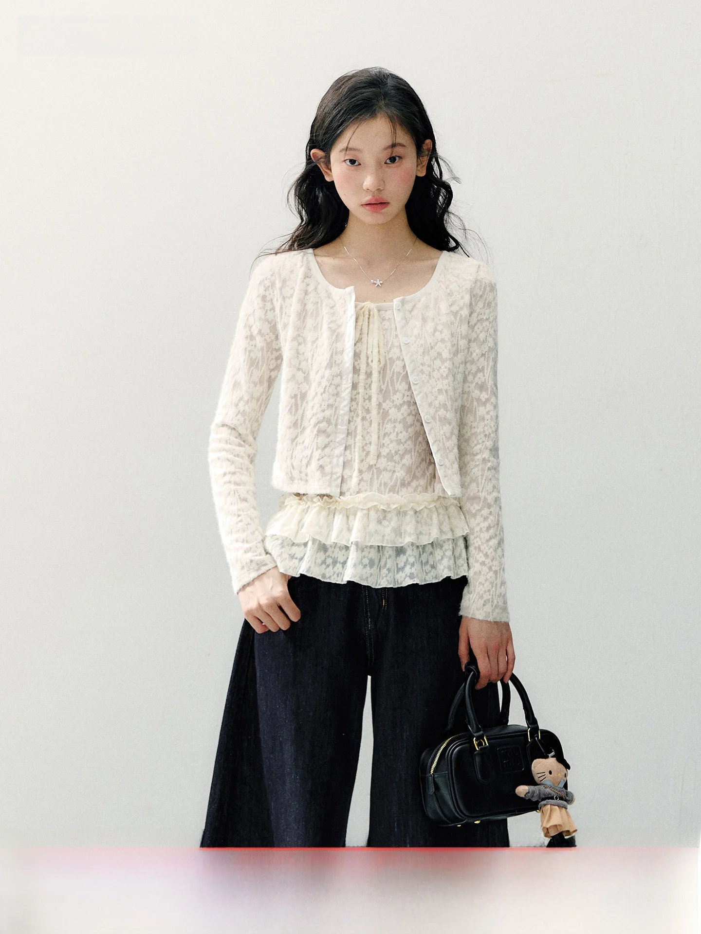 

Annatto Spring Casual Sle Long Sve Lace Top And Skirt Set Women's Faion Thin Layered Look Miel Tangerine Color Blouse