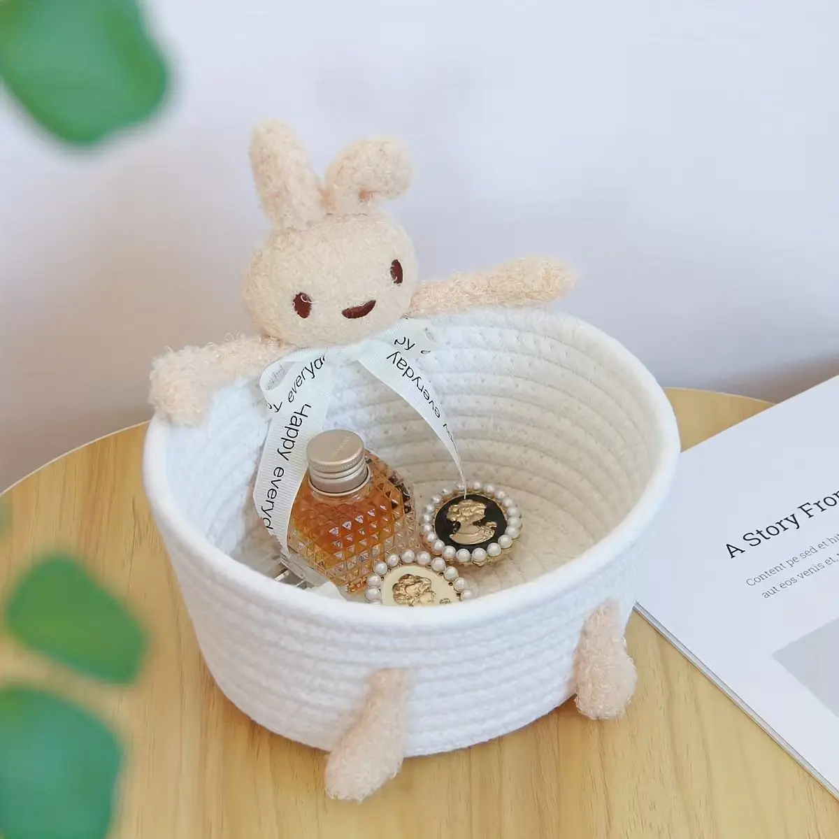 2pcs set  One large and one small combination storage basket cute bunny, bear desktop storage basket, Woven Desktop Storage Bask