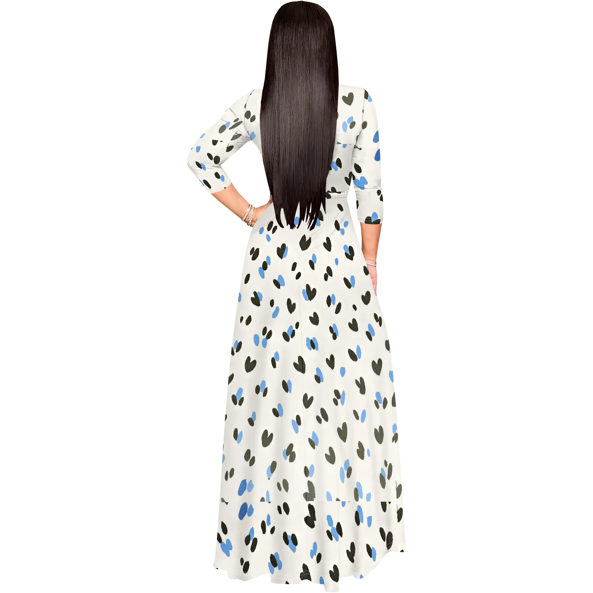 Abito lungo da donna con scollo a V, casual, maniche a 3/4, abiti lunghi sexy, floreali con cintura