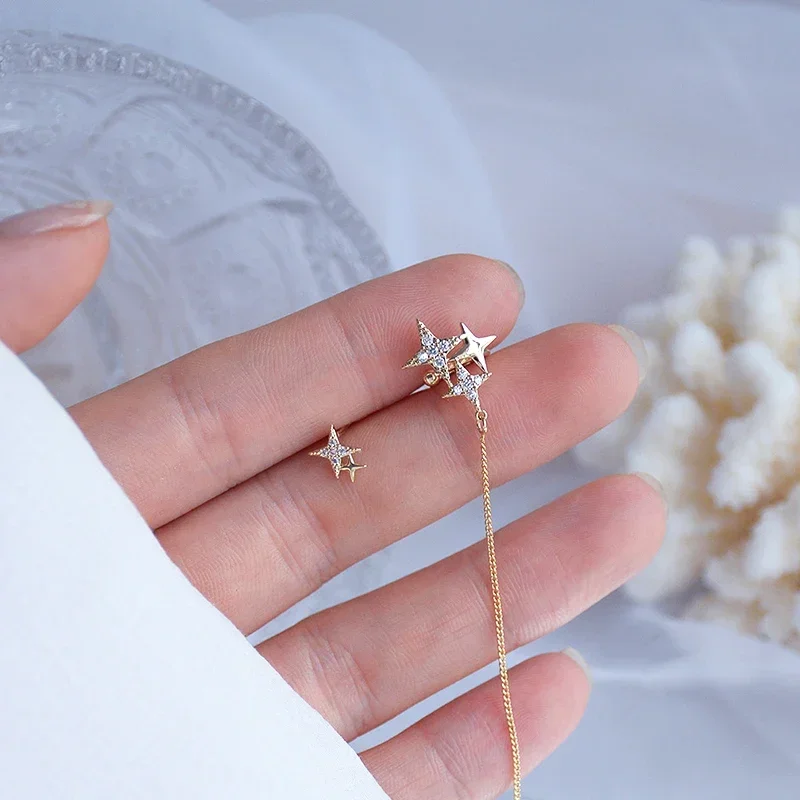 New Trendy 14K Gold Real Plated Awn Star Clip Earrings for Women Asymmetry Jewelry AAA Zircon S925 Silver Needle Party Fine Gift