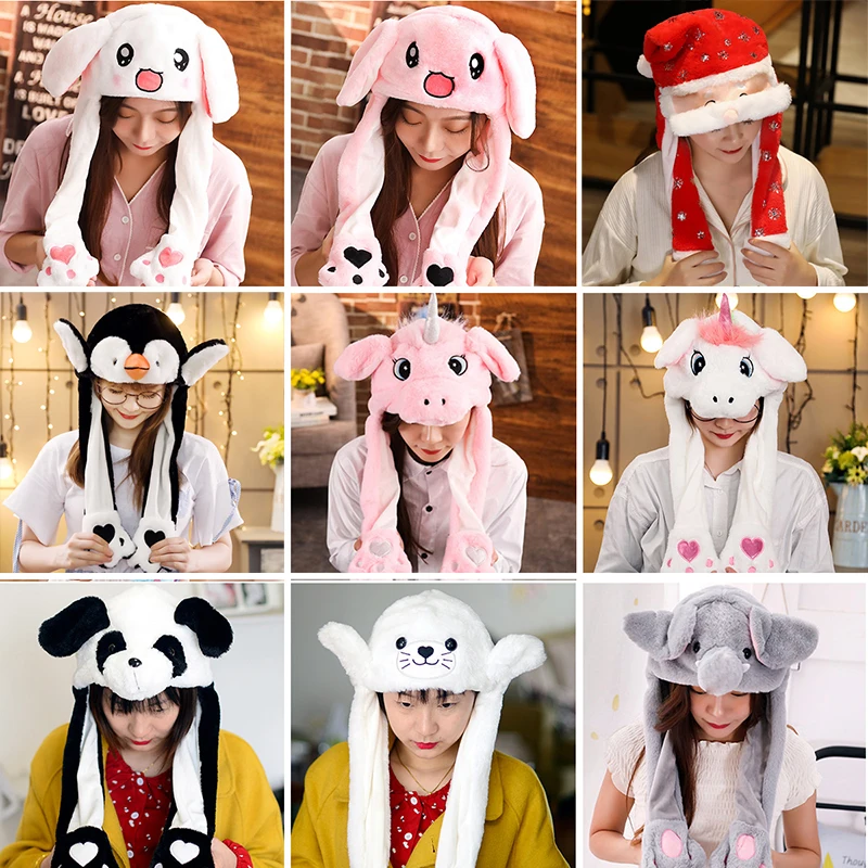 Cartoon Bunny Ear Move Hat Jumping up Toys Rabbit Girls Animal Plush Costume Cosplay Cap Kids Party for Adult Funny Anime Hat