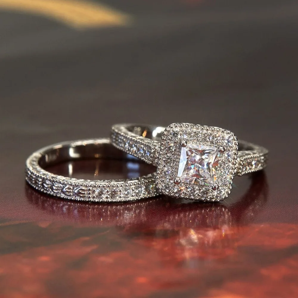 2pcs Set Luxury Super Flash Square High Quality 5A Zircon Rings for Women Charm Bride Wedding Engagement Stackable Jewelry Sets