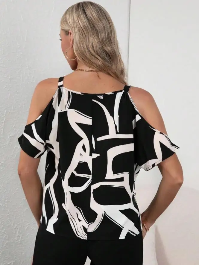 Elegant Casual Printed Shoulder Buckle Women's Top T-shirt Comfortable Fashionable Ladies' Shirt