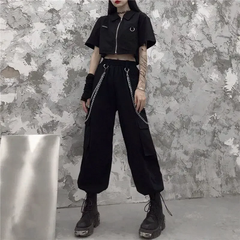 

Cargo Pants Suit Short Sleeve Slim Shirt High Waist Chain Sweatpants Two Piece Sets Women's Summer Korean Hip-hop Gothic Outfits