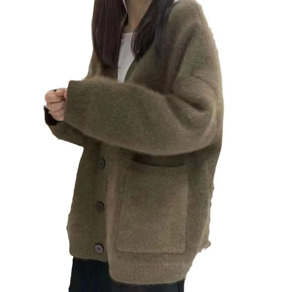 

Women's Mink Fleece Sweater Coat Mohair Soft Waxy Thickened Loose Lazy Style Knitted Cardigan Top for Autumn Winter
