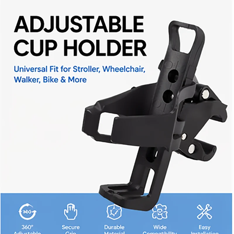 Suporte Universal Ajustável para Copos e Garrafas para Carrinho de Bebê, Cadeira de Rodas, Bicicleta, Andador, Scooter, Carrinho de Passeio com Fixação Rotativa 360°