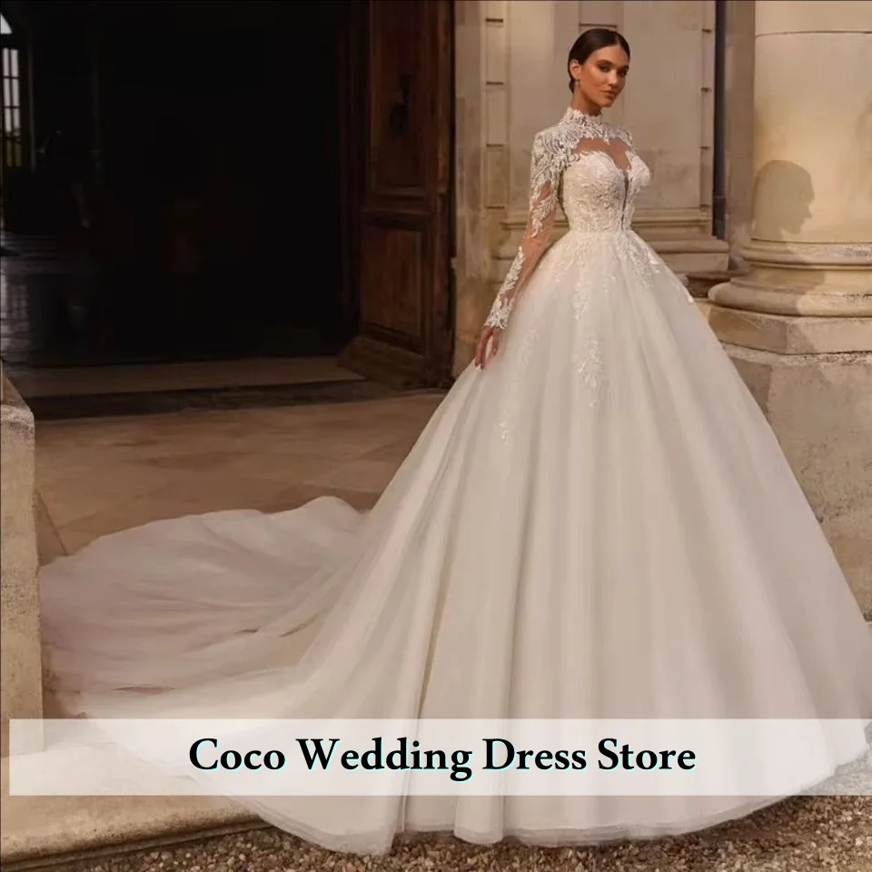 

Индивидуальные элегантные свадебные платья с высоким воротом, расшитые бисером и кружевом, с длинными рукавами, для церковной церемонии.