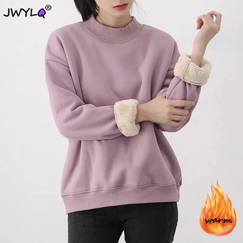 Lamb Wool M-4xl Warm Solid Color Simple Sweatshirts Women Autumn Winter Plus Velvet Loose O-neck Top 2023 New Sudaderas Outwear