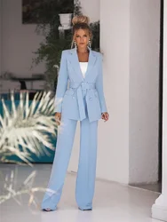 Sky Blue Women Suits Office Sets 2 Pieces With Belt Custom Made Evening Party Tuxedos Wedding Prom Dress Formal Blazer+Pant