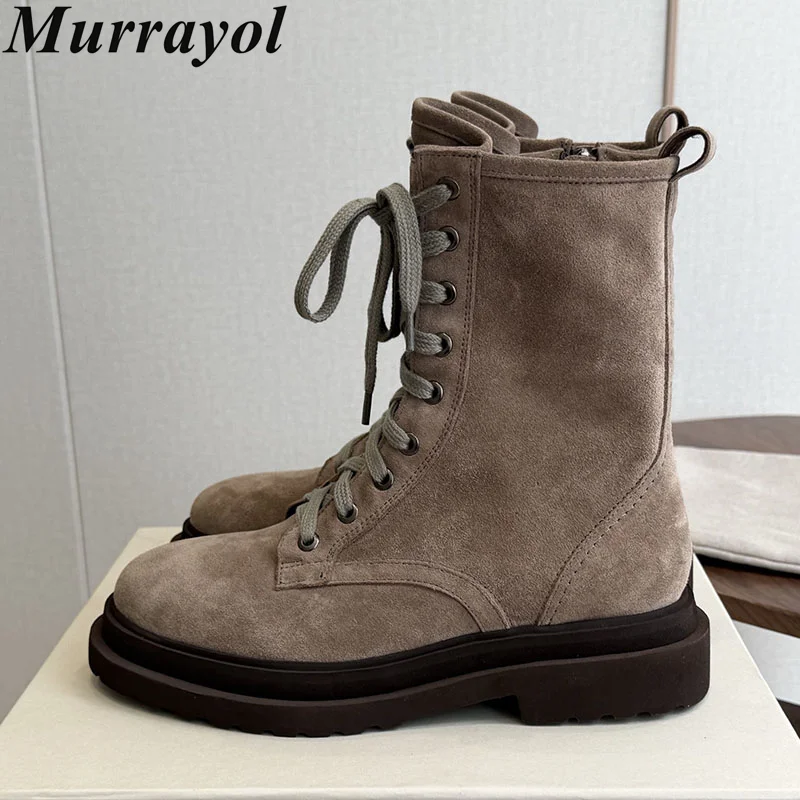 Short Boots Flat Shoes British Style Suede Autumn Chelsea Booties Botas Mujer Women Lace Up Round Toe Patchwork Mid Calf Boots