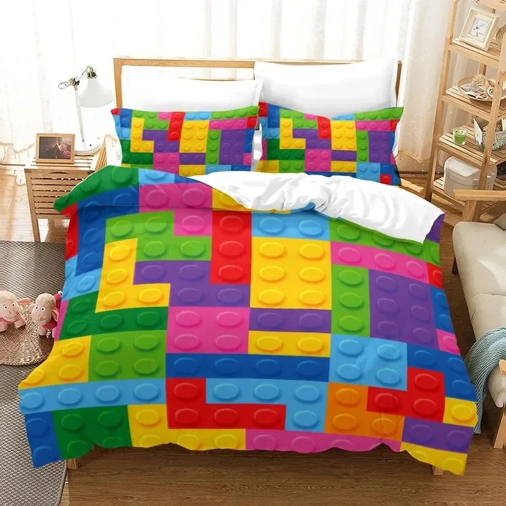 Colorful Blocks Duvet Cover KingQueen Size,Building Toy Bedding Set Boys Girls Orange Blue Fun Brick Polyester Quilt Cover