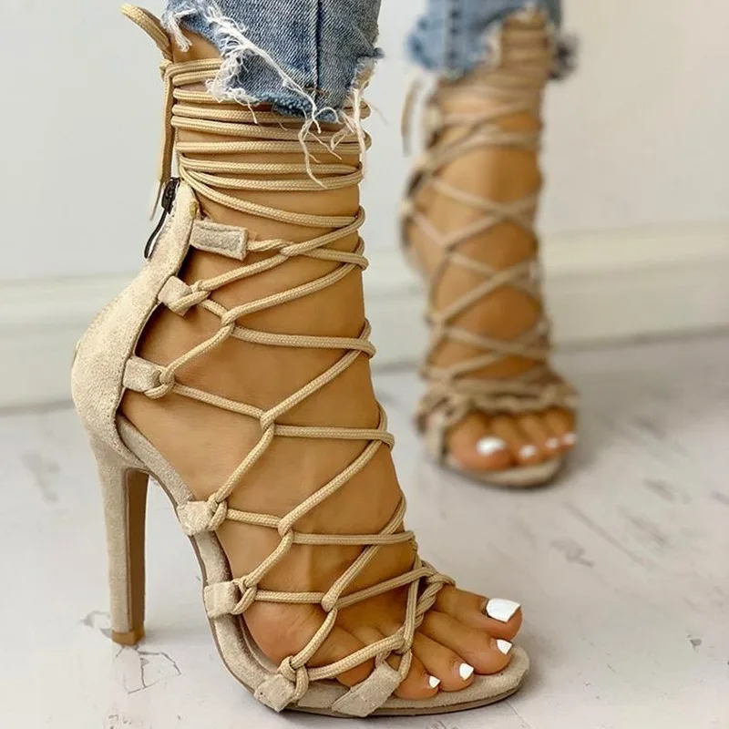 Women's Sandals Cross Strap High Heels 2026 Sexy Open Toe Plus Size Pumps Back Zipper Sandals Pointed Toe Stiletto Women Shoes image 5