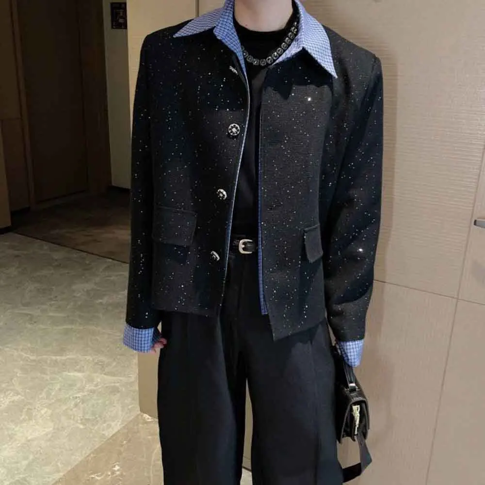 

Новая зимняя мужская куртка с длинными рукавами и блестками в стиле пэчворк, американский ретро-модный модный свободный повседневный нишевый мужской топ