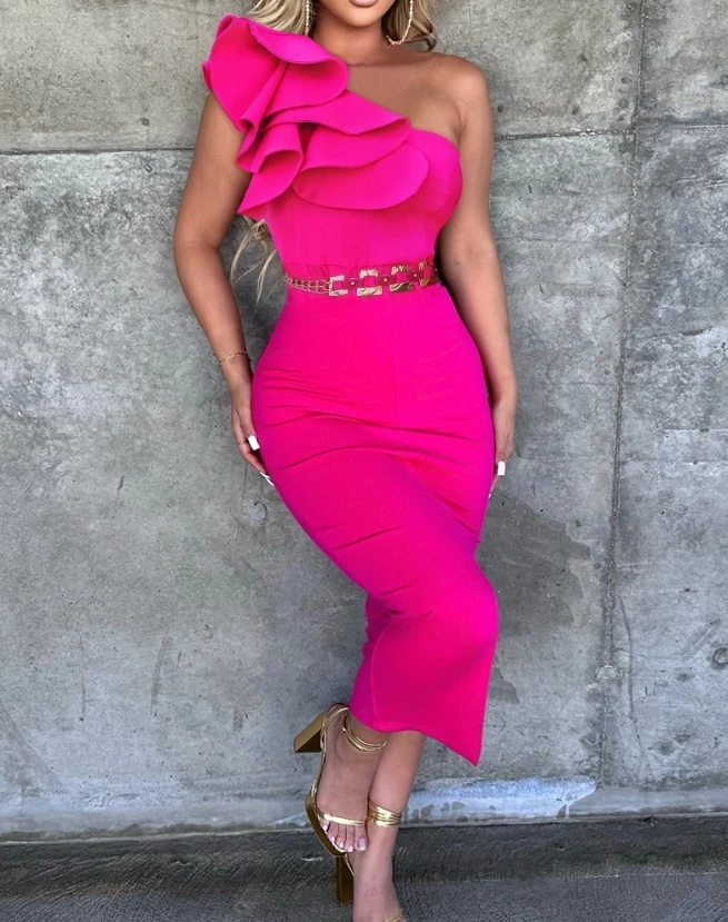 

One Shoulder Dress Women Summer New 2024 Ruffles Buckled Bodycon Rose Pink Fashion Skinny Party Dresses for Female Streetwear