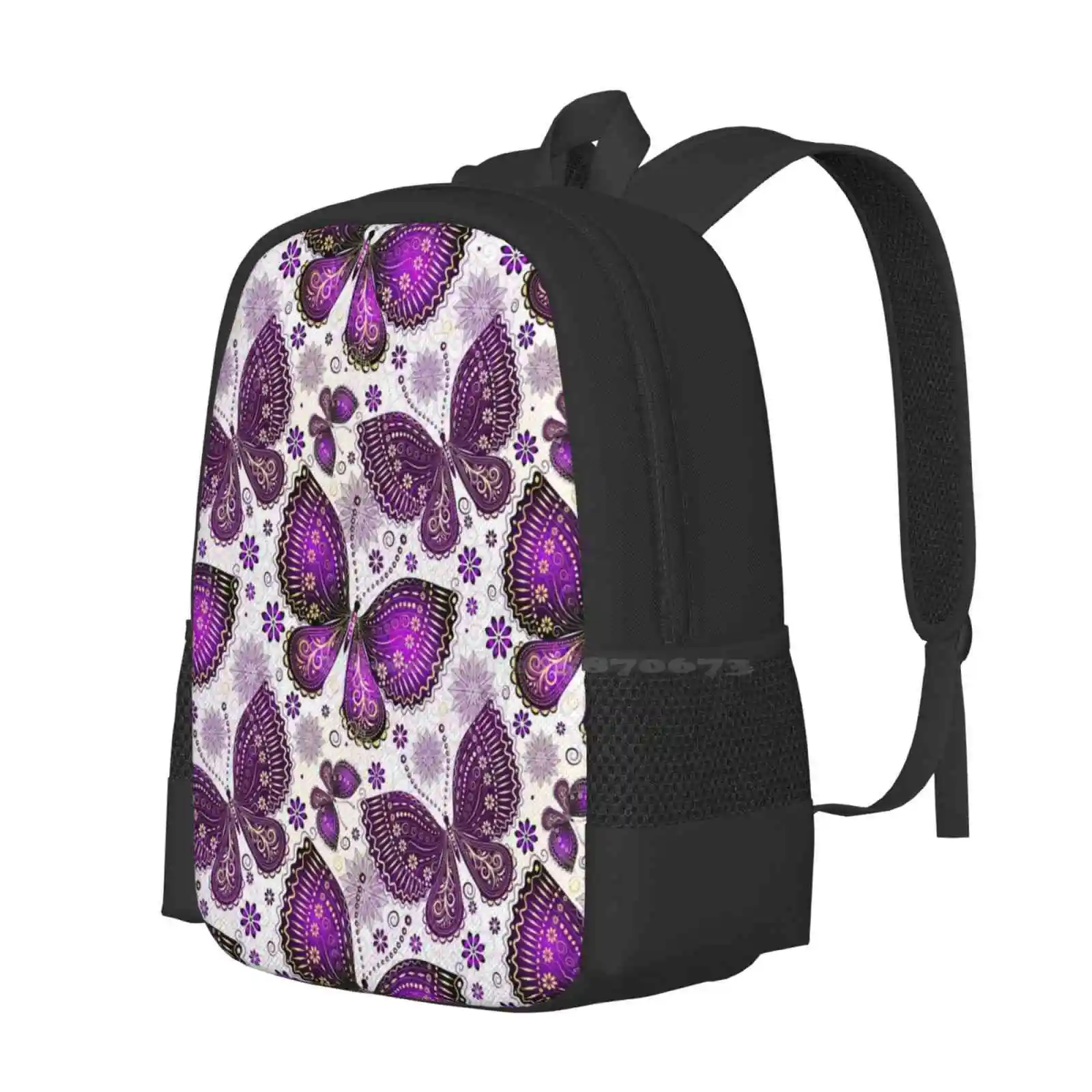 Ornate Purple Butterfly Pattern With Flowers And Swirls Hot Sale Schoolbag Backpack Fashion Bags Butterflies Flowers Floral