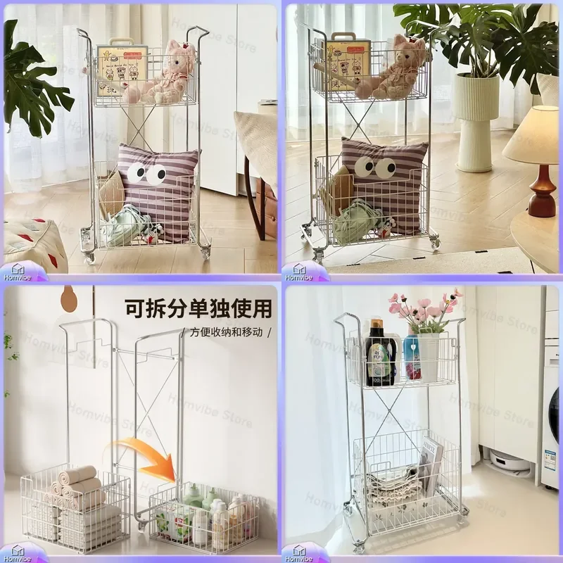 Simple Metal Mesh Laundry Basket with Wheels Removable Storage Trolley for Plush Toys Clothes Organizer Rolling Hamper Cart