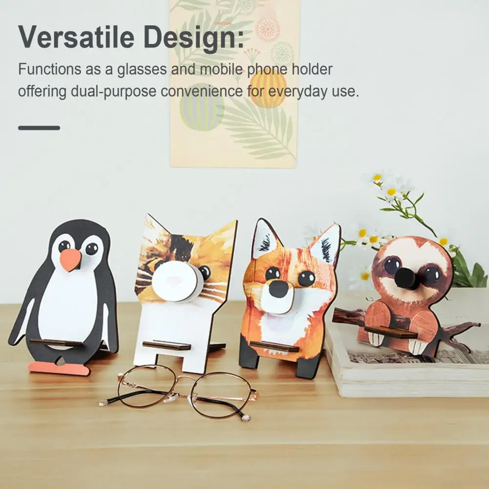 Wooden Animal Glasses Holder Handmade Carving Fox Cat Sloth Penguin Phone Eyeglass Sunglasses Display Stand Desktop Decoration B