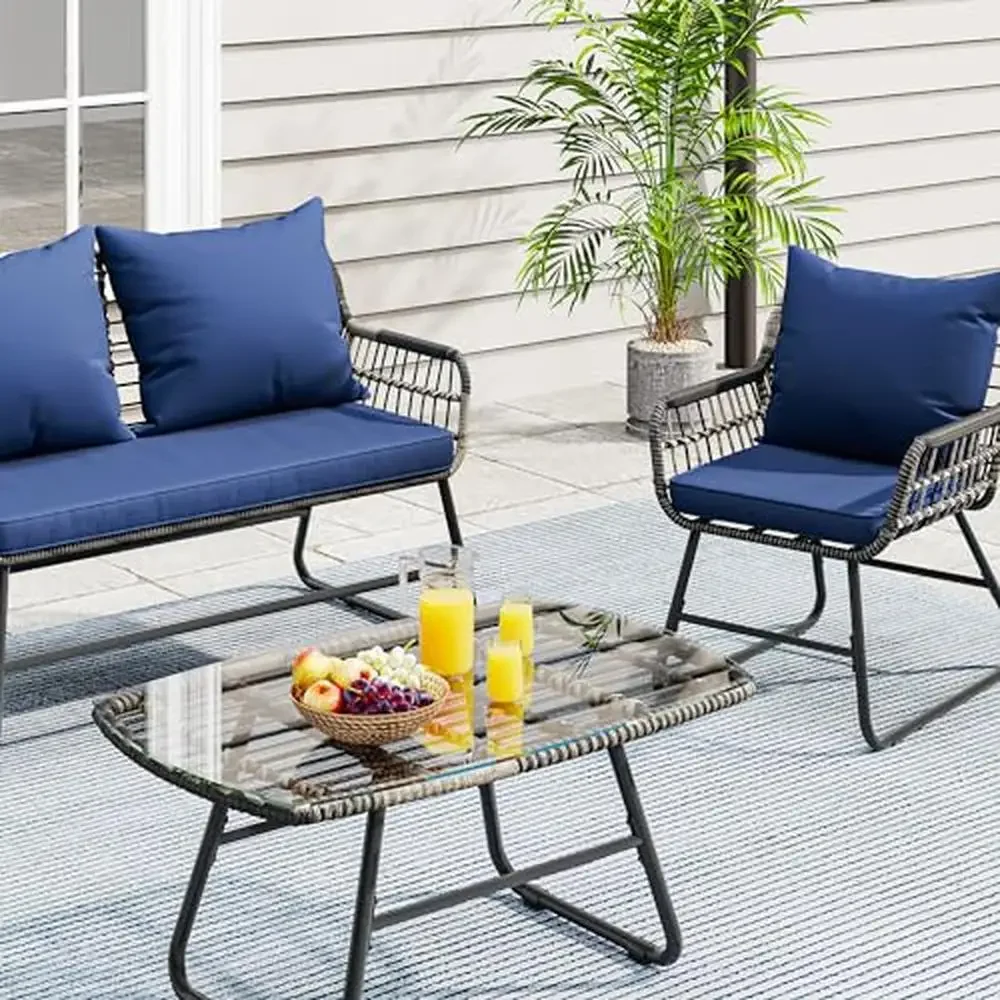 Outdoor Rattan Conversation Loveseat Chairs Set Glass Side Table Patio Furniture Kit Premium Quality All-Weather Steel Structure