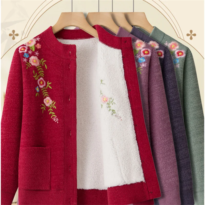 

Свитер для женщин среднего и пожилого возраста, одежда для мам, флисовая утолщенная вязаная куртка-кардиган, женская осенне-зимняя куртка, топы