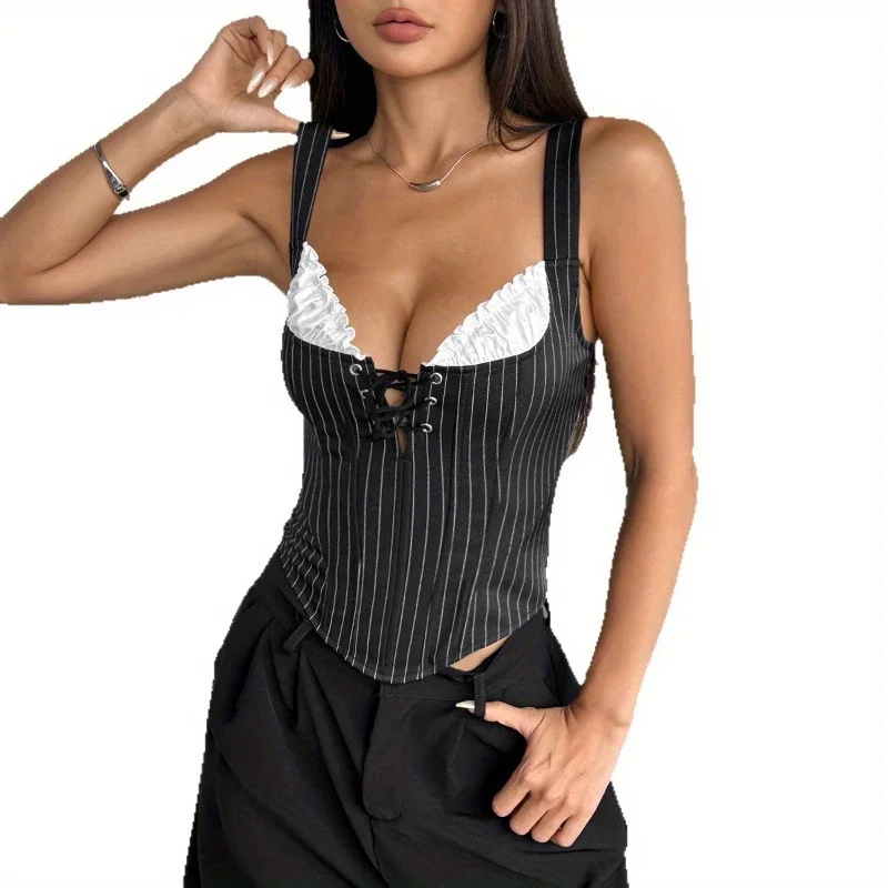 Women's Striped Slimming Patchwork Contrasting Black Fungus Edge Chest Cup Commuting Wind Fish Bone Vest