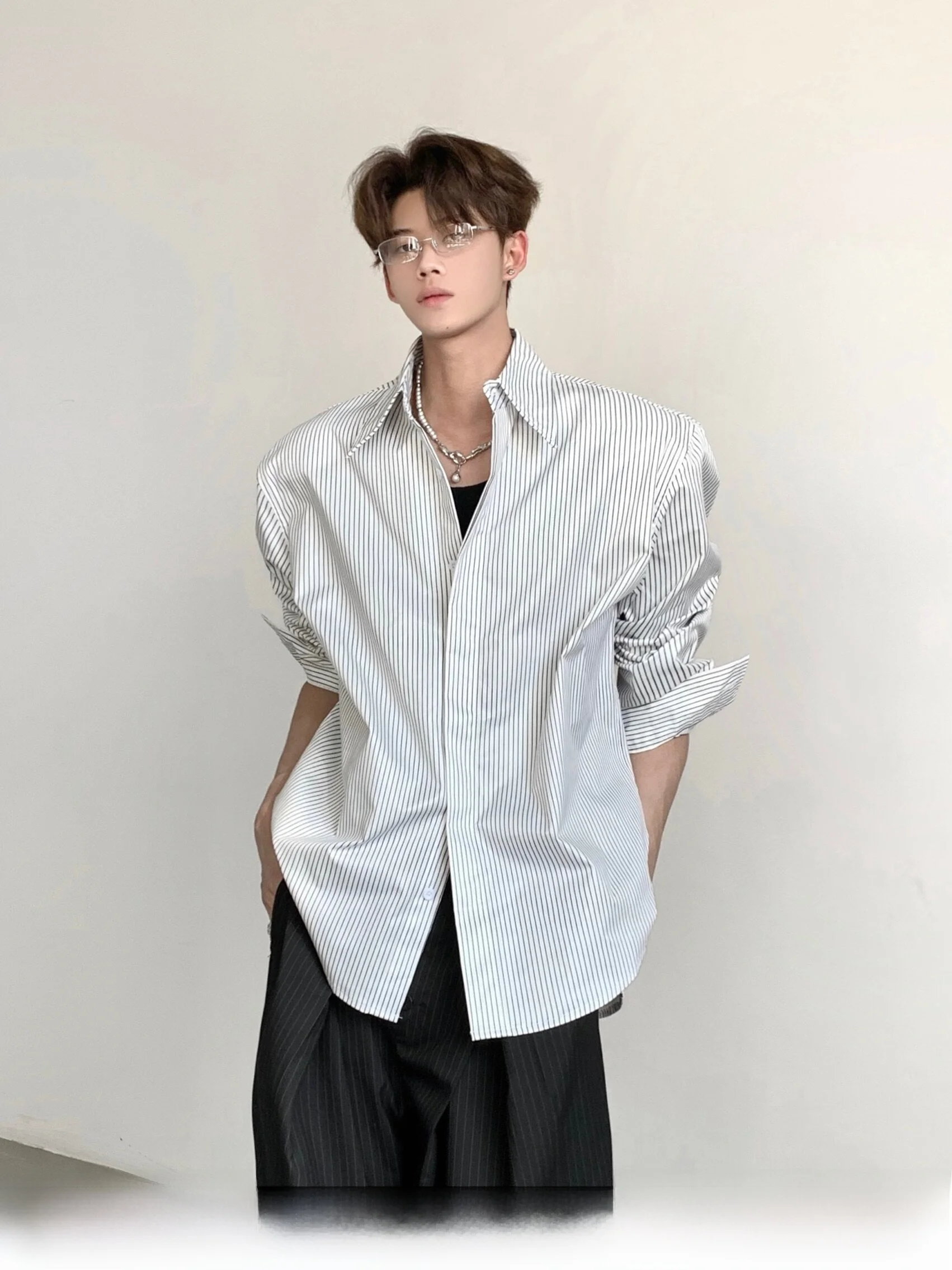 

Ace Tailors Men's Loose Fit Striped Shirt Long Sleeve Minimalist Design High Intelligence Sensation Classic Style Casual Shirt